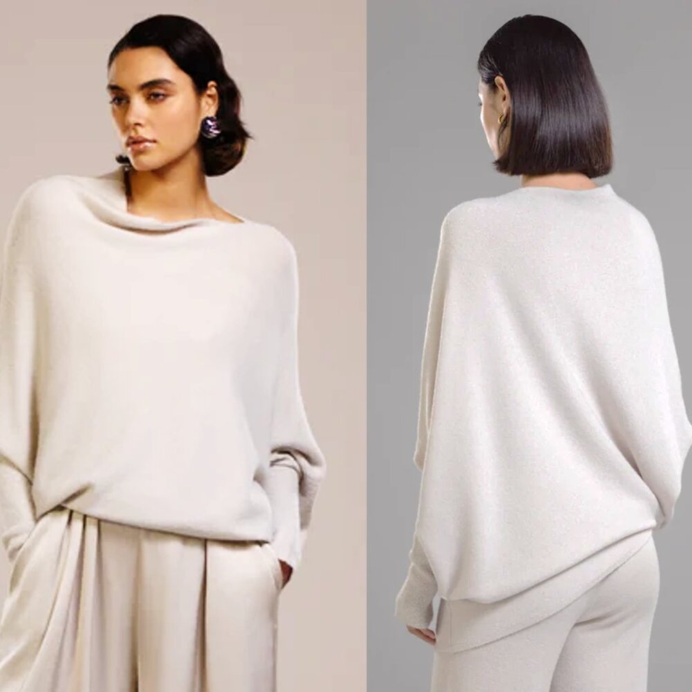 Jaki London Asymmetrical Draped Long Sleeve Sweater Light Beige Size S/M Italy - Picture 12 of 13